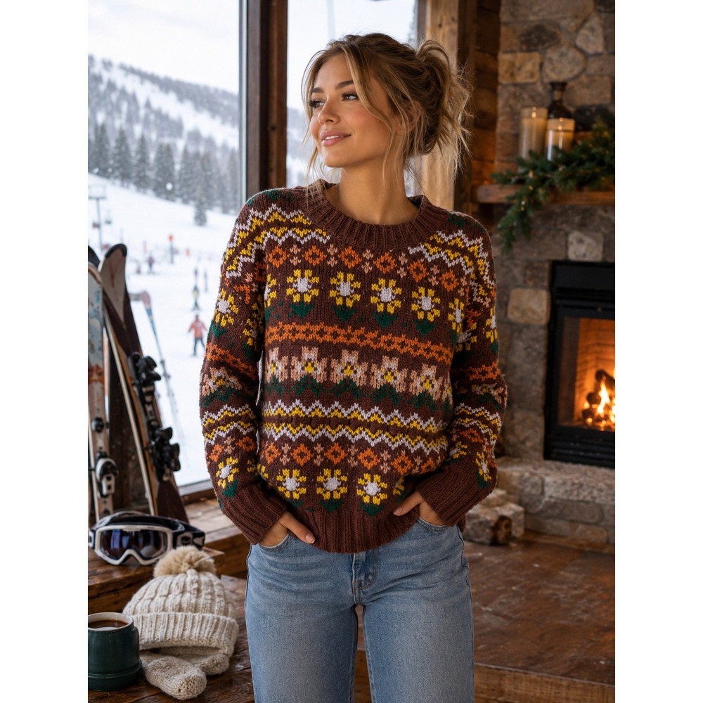 Easel Los Angeles Floral Fair Isle Sweater Size Small Brown Boho Folk Knit